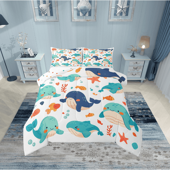 Erosebridal Kawaii Whale Bedding Twin Comforter Set,Sea Animal Down Comforter,Teenager Bedroom Decor,Reversible,Lightweight,2-Piece