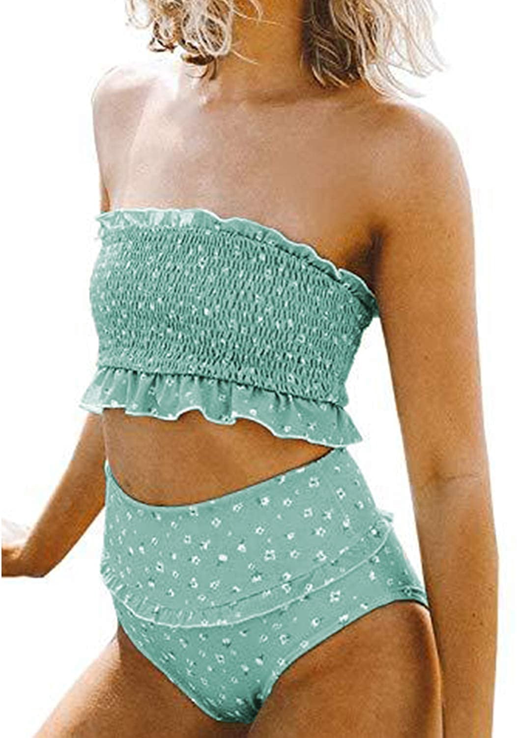 striped ruffle high waisted bikini set