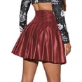 thumbnail image 2 of Seyurigaoka Women Juniors Solid Color Pleated Skirt, High Waist PU Leather Short Skirt, 2 of 6