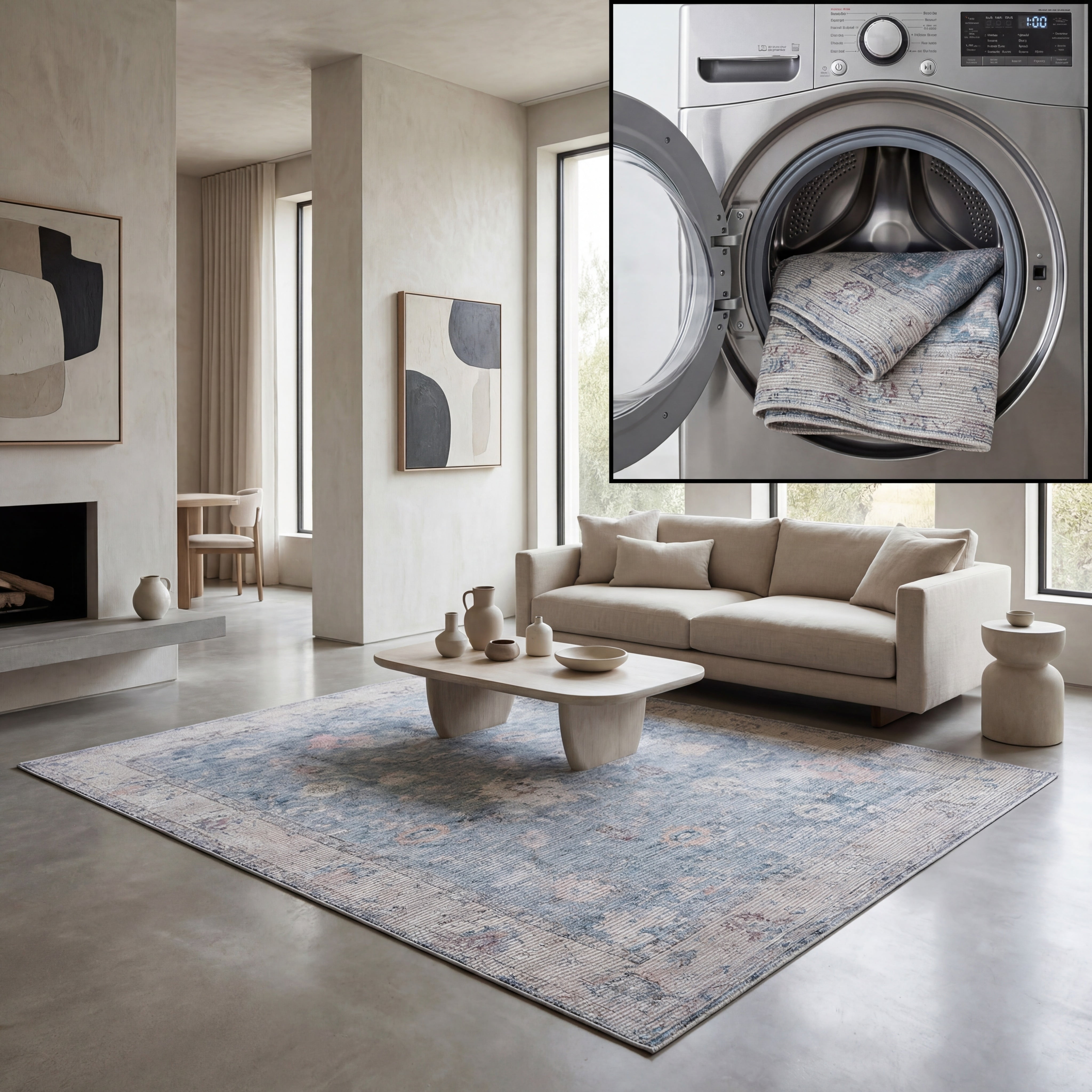 SAFAVIEH Serapi Maximillian Oriental Machine Washable Area Rug, Blue/Beige, 9' x 12'
