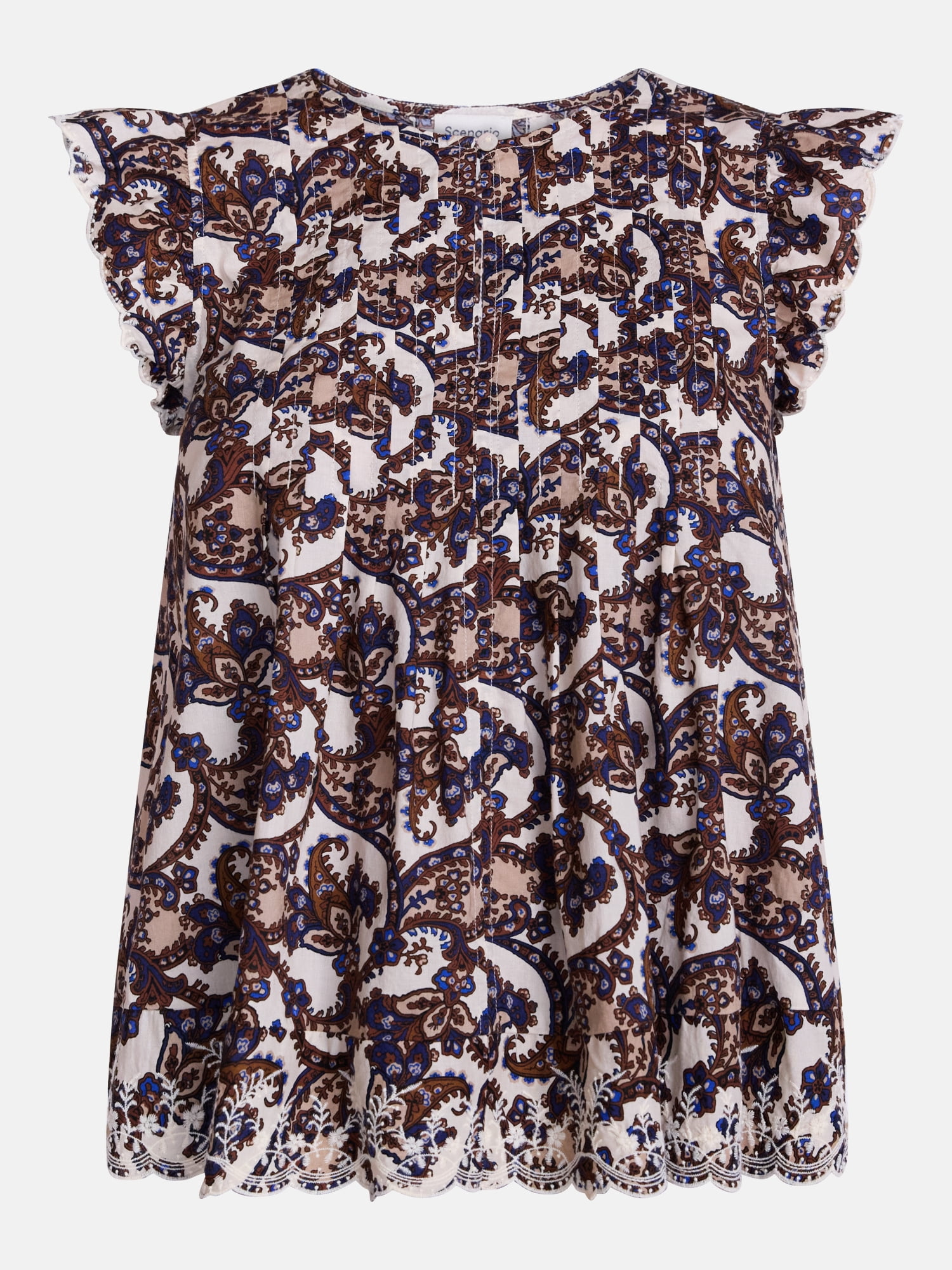 Scenario Women's and Women's Plus Short Sleeve Pleated Embroidered Printed Top, Sizes XS-4X