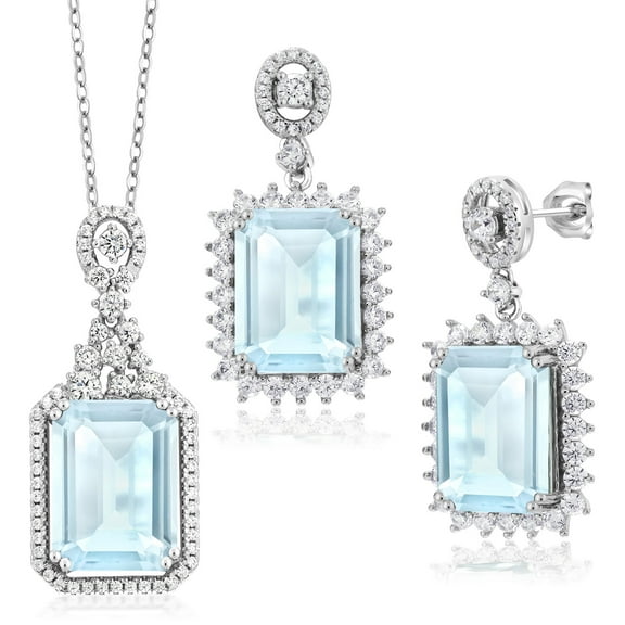 Gem Stone King 925 Sterling Silver Sky Blue Topaz Pendant and Earrings Jewelry Set for Women (29.15 Cttw, Emerald Cut 14X10MM, Gemstone, with 18 inch Chain)