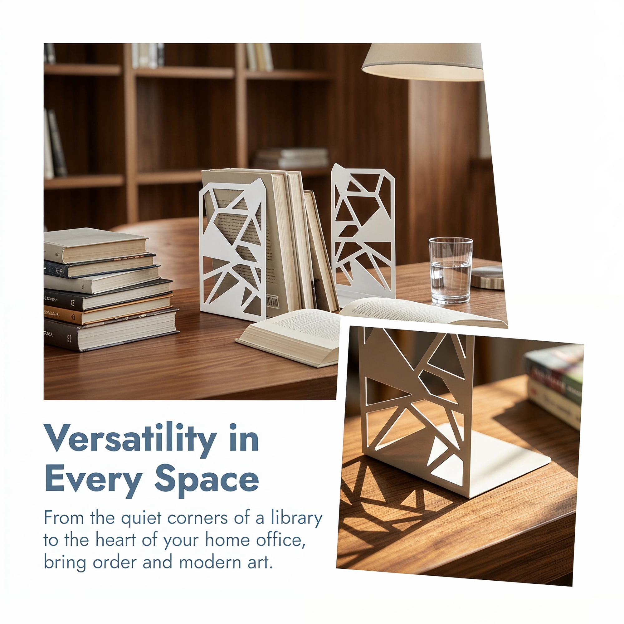 Unique Bargains Geometric Metal Bookends Decorative Book Ends for Shelves White 4.7"x4.7"x6.5"