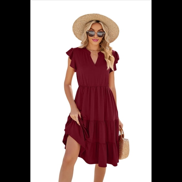 Vestido de Verano para Mujer, con Mangas con Volantes y Escote en V, Midi, Rojo Vino, Talla XXL