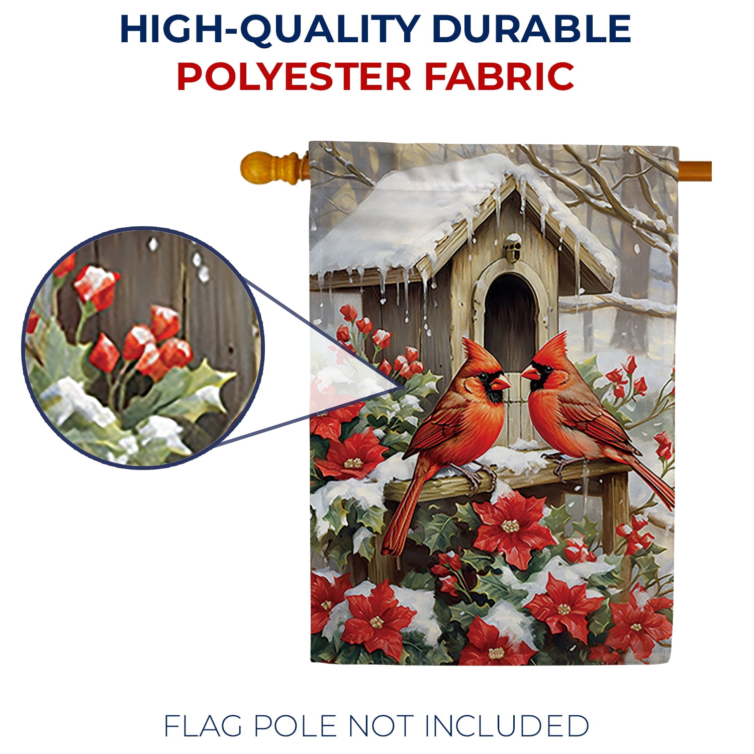 America Forever Cardinal Winter House Flag, 28 x 40 inch Double Sided, Birdhouse Snow Banner, Poinsettia Holiday Outdoor Decor, Festive Outside Decorations Yard Flag