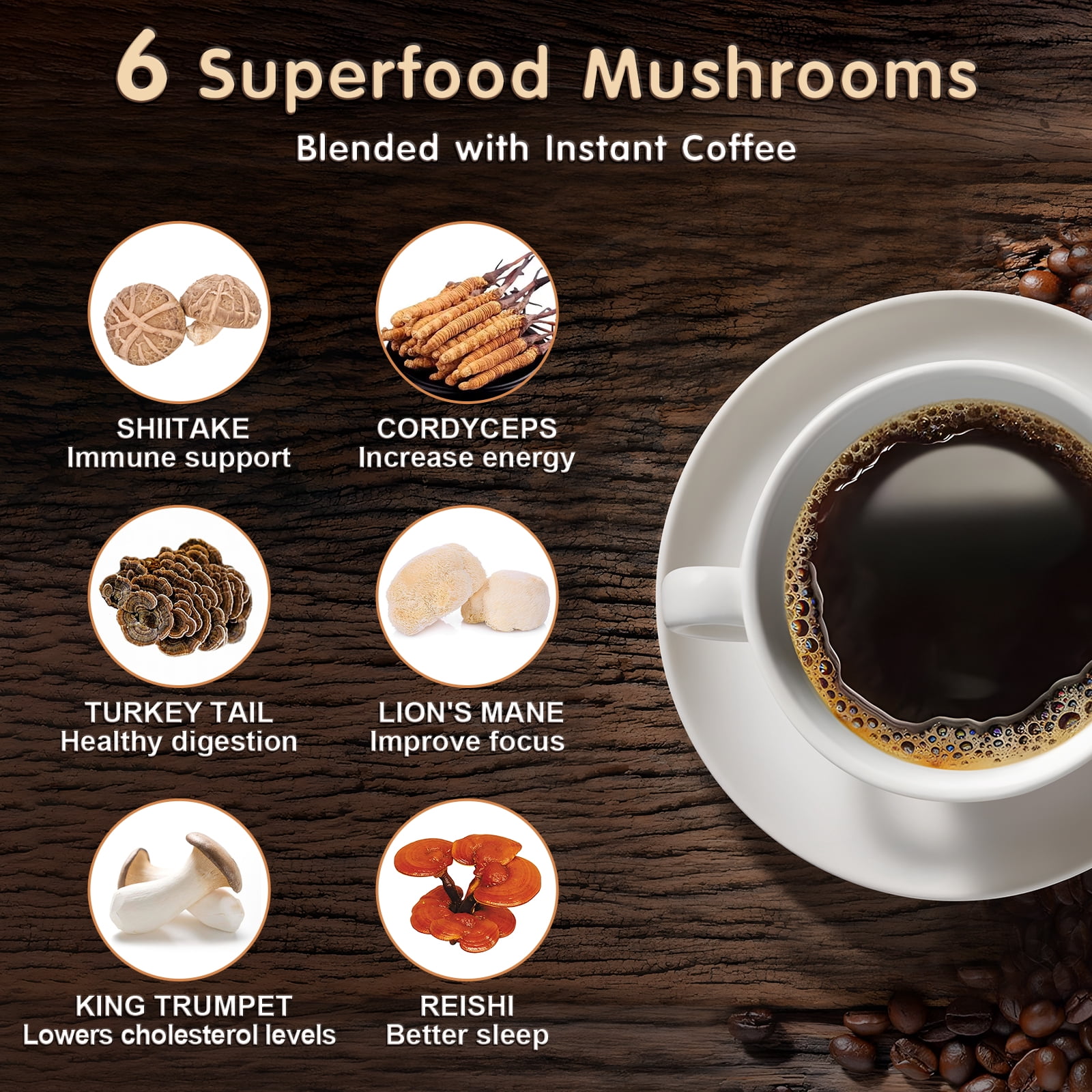 Balincer Mushroom Coffee, 6 Adaptogenic Mushrooms, Instant Mushroom Coffee for Focus, Energy, Immune & Digestion Support,Herbal Supplements
