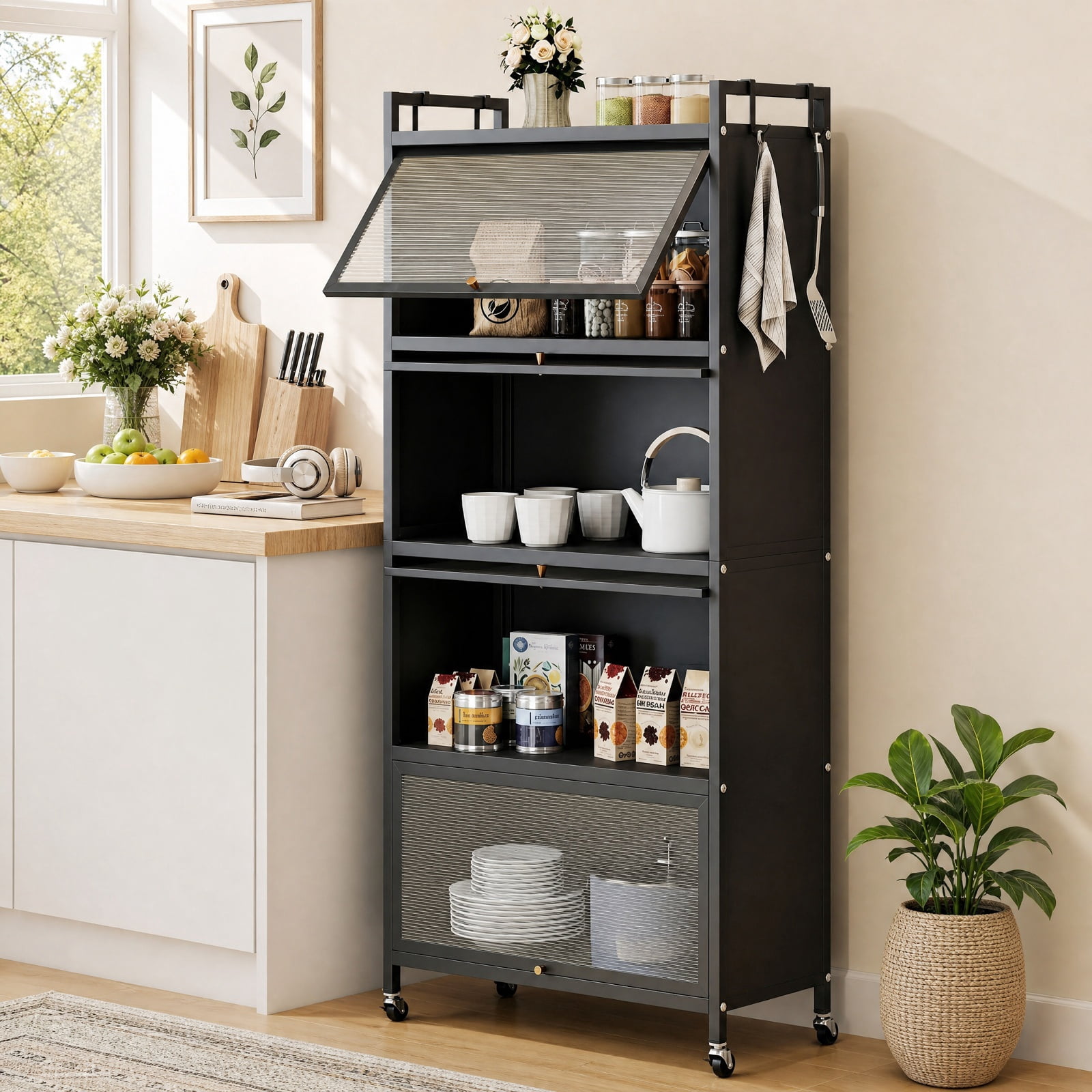 Furnibear 5 Tier Kitchen Storage Cabinet with 4 Flip Up Doors Rolling Wheels and Hooks Tall Metal Pantry for Kitchen and Garage, Black