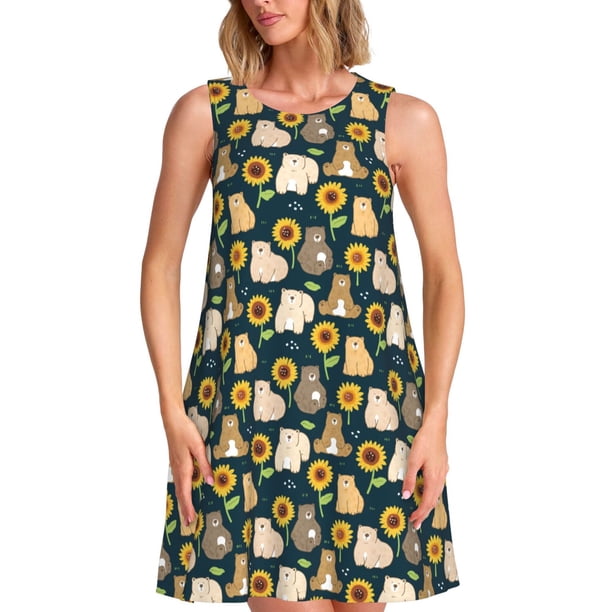 Disketp Bear Sunflower para Vestido sin Mangas para Mujeres, Vestidos de Verano para Mujeres, Casual y Holgado para la Playa