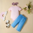 thumbnail image 6 of JIAYUE Baby Girls 3-Piece Outfit Short Sleeve Cartoon Print Bodysuit Elastic Waist Denim Pants And Leopard Headband For Outdoor Walking,9-12 Months, 6 of 8