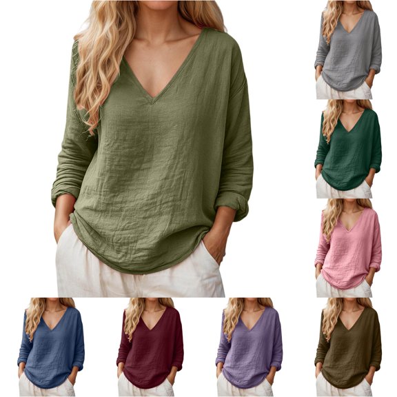 WERYOUNG Womens T Shirts Summer Casual Loose Fit Linen Long Sleeve Knit Tee Lightweight T-Shirts For Everyday Wear Breathable Top L