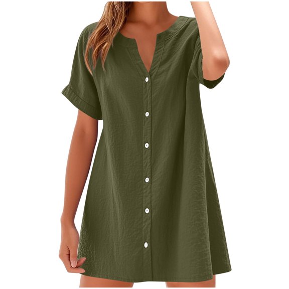 Dresses for Women 2025 Short Sleeve Button Down Shirt Summer Casual V Neck Loose Fit T-Shirt Dresses with Pockets