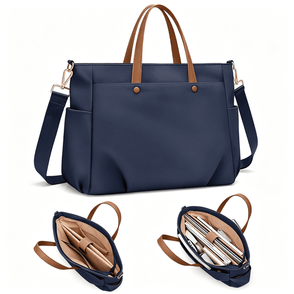 AOMRCOL 14 Inch Laptop Tote Bag for Women,Lightweight Nylon Work Shoulder Bag,Water-Resistant Computer Handbag with Pockets for Business Travel&Commute (Navy Blue)