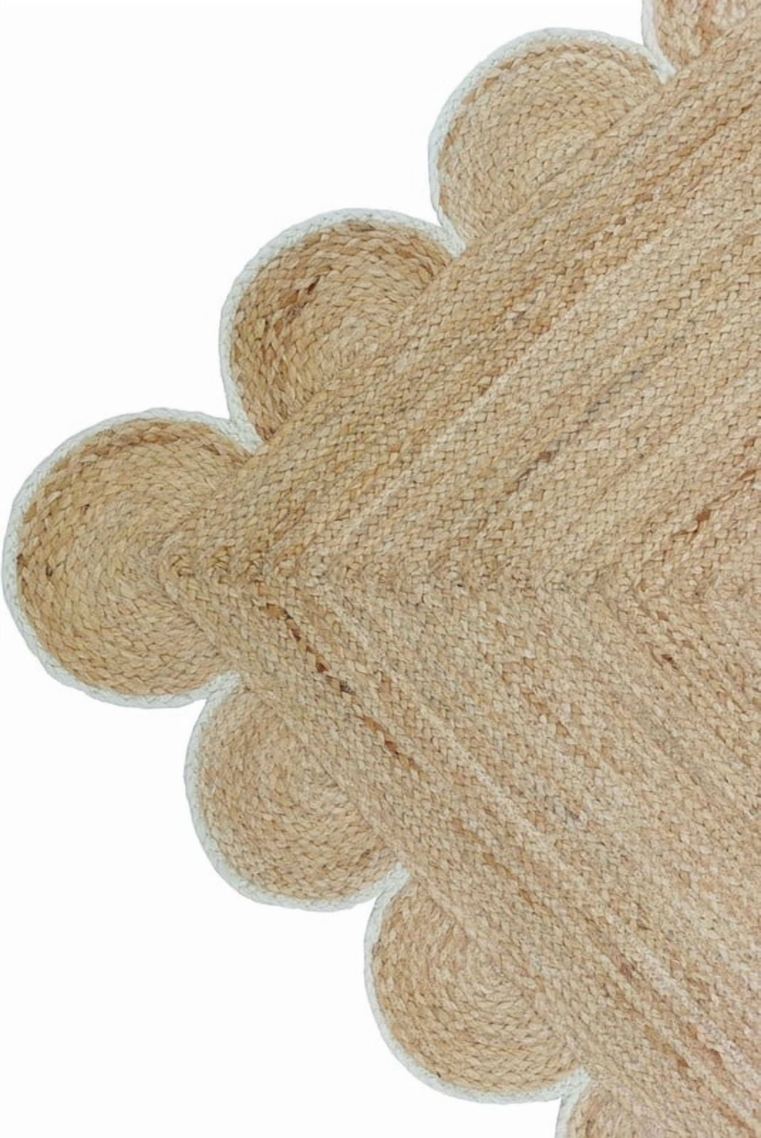 2x5 Ft White Border Premium Scalloped Jute Rug – Handcrafted Natural Braided Carpet for Living Room, Bedroom, Entryway, Boho Home Decor