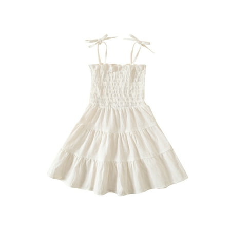 

Canrulo Toddler Baby Girl Sleeveless Strap Solid Color Dress Kids Casual Princess Sling Ruched Sundress Outfits White 18-24 Months