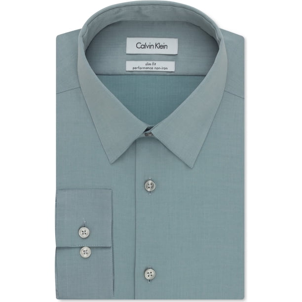 Calvin Klein - Camisa de vestir con botones para hombre, ajuste delgado, verde, cuello de 17 pulgadas, manga de 34 a 35 pulgadas