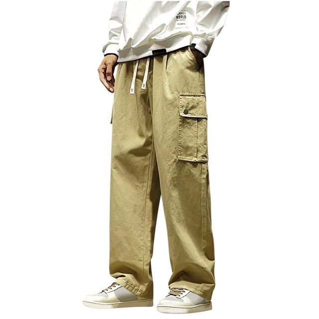 Dagugfen Mens Cargo Pants Drawstring Straight Leg Loose Solid Color Casual Outdoor Hiking Pants Pockets
