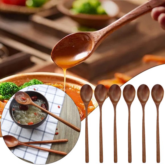 Set Of 6 Long Wooden Spoons Natural Wooden Soup Spoons For Dinner Lunch Kitchen Cooking Utensils Woodenware Cutlery
