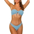 thumbnail image 1 of Conjuntos de bikini de banda para mujer, sin tirantes con lazo acanalado y parte inferior, traje de baño de 2 piezas, color gris claro azul, 1 of 5