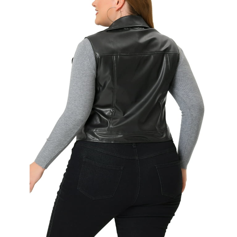 Unique Bargains Women s Plus Size Leather Zip Up Notch Lapel Riding Vests Jacket Walmart