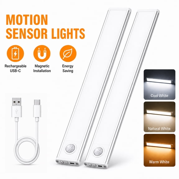 GUPUP Under Cabinet Light, 34 LED Motion Sensor Light, Dimmable Rechargeable Closet Lighting Kit with Magnetic for Kitchen Wardrobe Stairs, 2 Pack
