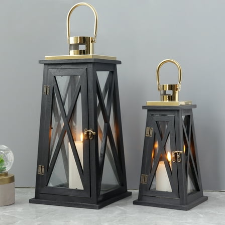 Set of 2 Farmhouse Wooden Lantern 12''&18'' Metal Decorative Candle Holders with Tempered Glass