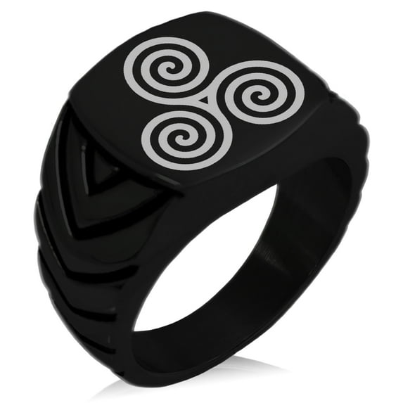 Stainless Steel Celtic Triskele Triskelion Triple Spiral Chevron Pattern Biker Style Polished Ring
