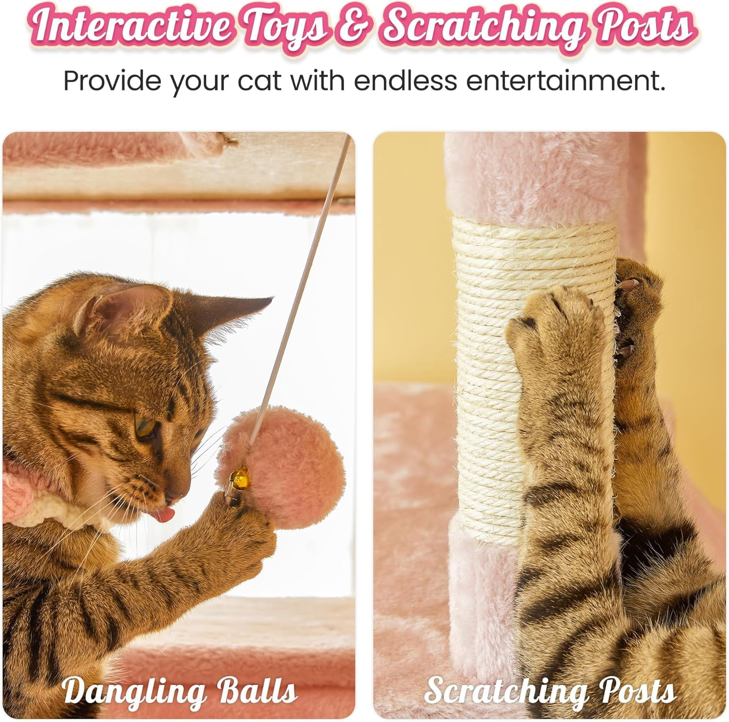 WSWJY Pink Extra Large Cat Tree, 77.6-Inch Tall Cat Tower for Indoor Cats with 2 Condos, Multi-Level Cat Stand for Large Cats, 3 Hammocks, Wide Perch, Scratching Posts, Dangling Toys