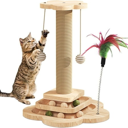 15.7" Scratching Posts for Indoor Cats, Cat Scratching Post wth 3 Tier Base, Tall Cat Scratcher for Cats with Sisal Rope, Balls and Toy for Interactive Play