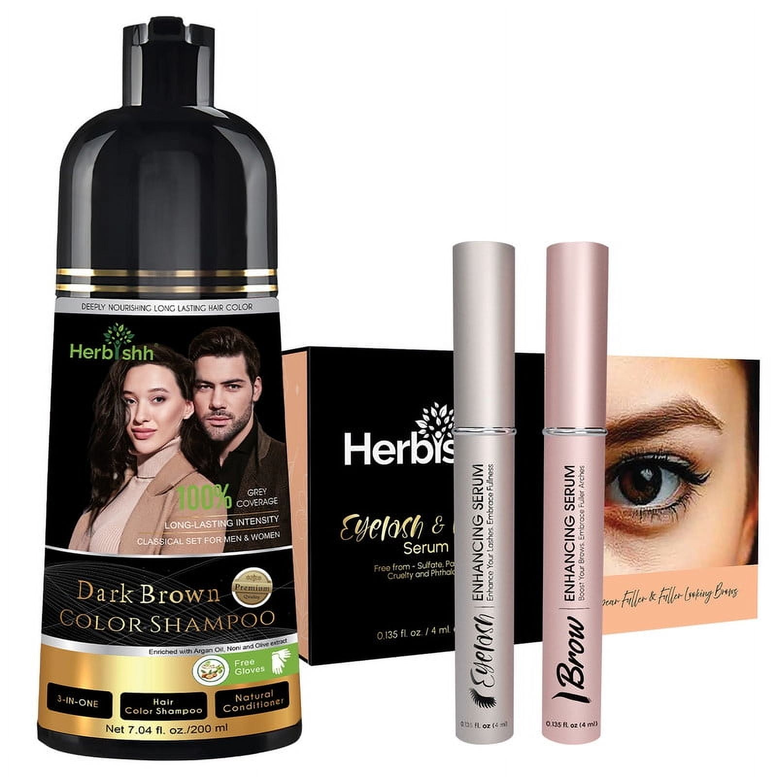 (2 pack) Herbishh Dark Brown Shampoo, Hair Dye Shampoo 3 in 1, 100% Grey Coverage, Demi-Permanent Hair Color for Men & Women, With Eyelash & Eyebrow Enhancing Serum Combo