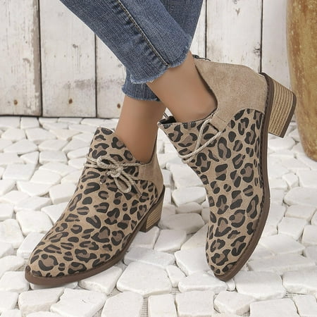 

HaiMao Womens Ankle Boots Clearance Leopard Pointed Toe Stacked Chunky Heel Slip on Chelsea Short Booties Gray 6(37)