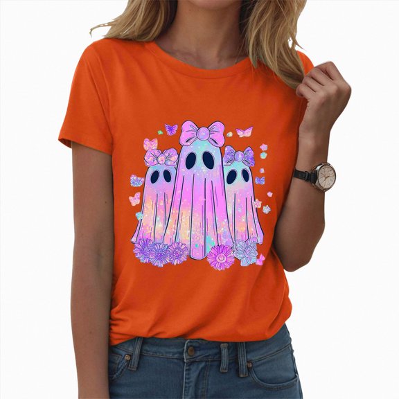 TOWED22 Halloween T Shirt Women Crew Neck Short Sleeve Awareness Ribbon T Shirts - Bow Ghost Graphic Print Loose Top Funny Fashion Clothes(Orange,L)