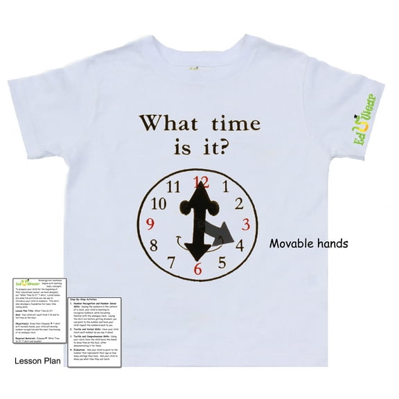 Eduwear (Unisex) Embroidered "What Time Is It?" Interactive Clock short sleeve T-shirt with Movable Hands (Little Girls, Little Boys)