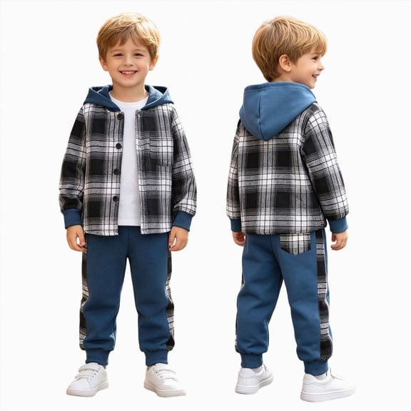 Futezty Toddler Boys Outfits Long Sleeve Plaid Prints Hoodie Jacket Tops and Pants Set 2 Pieces Kids Fall Winter Clothes 3T-7T