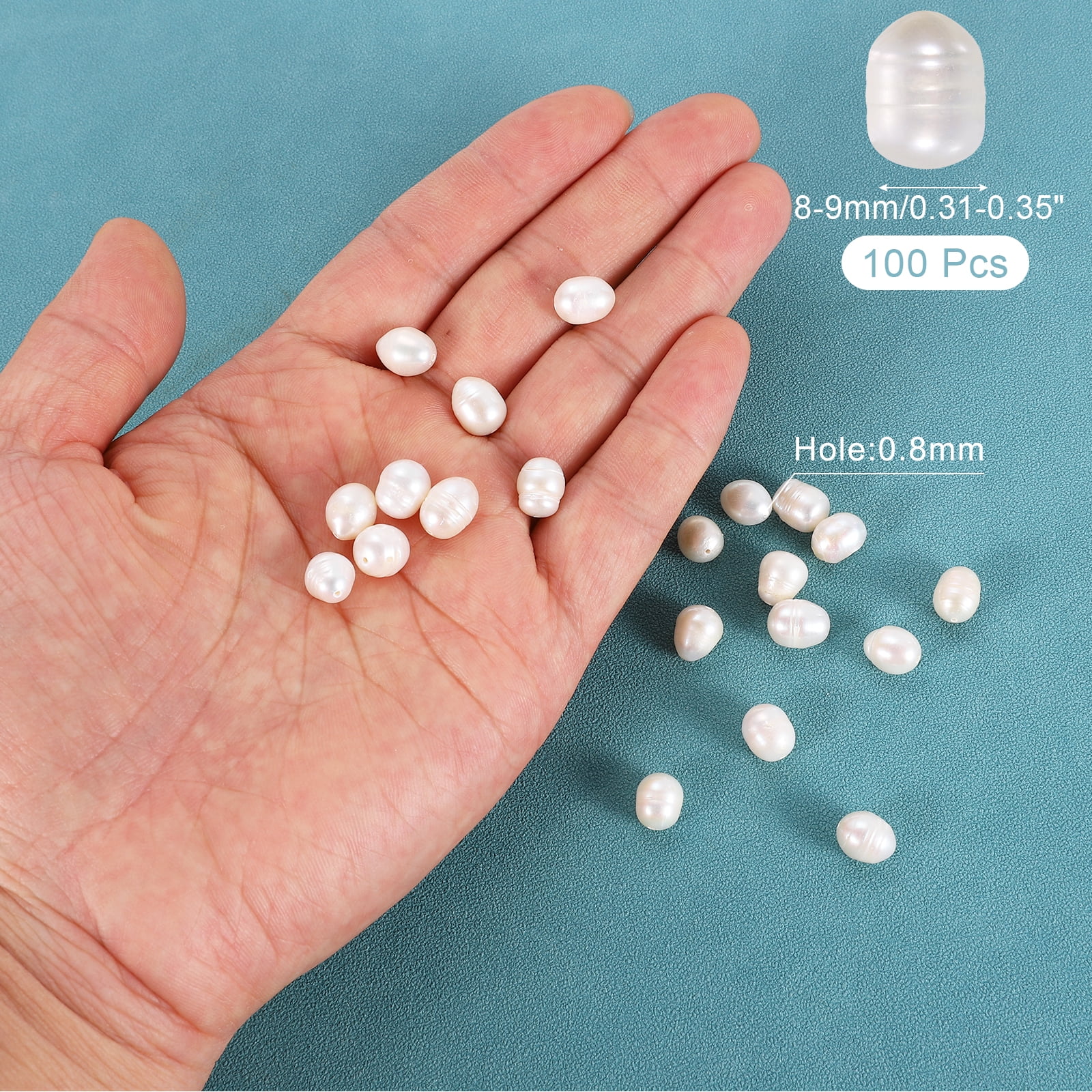 Uxcell 100 Pcs Natural Freshwater Pearl Beads, 8-9mm Oval Rice Shape Loose Gemstone Pearls 0.8mm Hole for Leather Cord Beading Jewelry Making DIY Craft, White