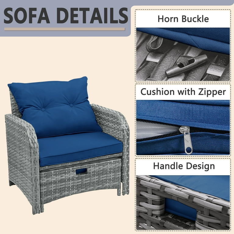 5 Pieces Wicker Outdoor Patio Chairs Set with Ottoman PE Rattan Patio Conversation Furniture Set Outdoor Furniture Set with Hidden Ottoman Blue