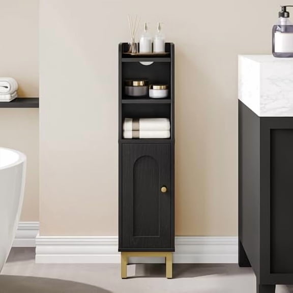 Bathroom Storage Cabinet, Small Corner Floor Cabinet with Door and Shelves, Narrow Toilet Paper Holder, Bathroom Organizer with Adjustable Shelf, for Small Spaces, Black BC08206X