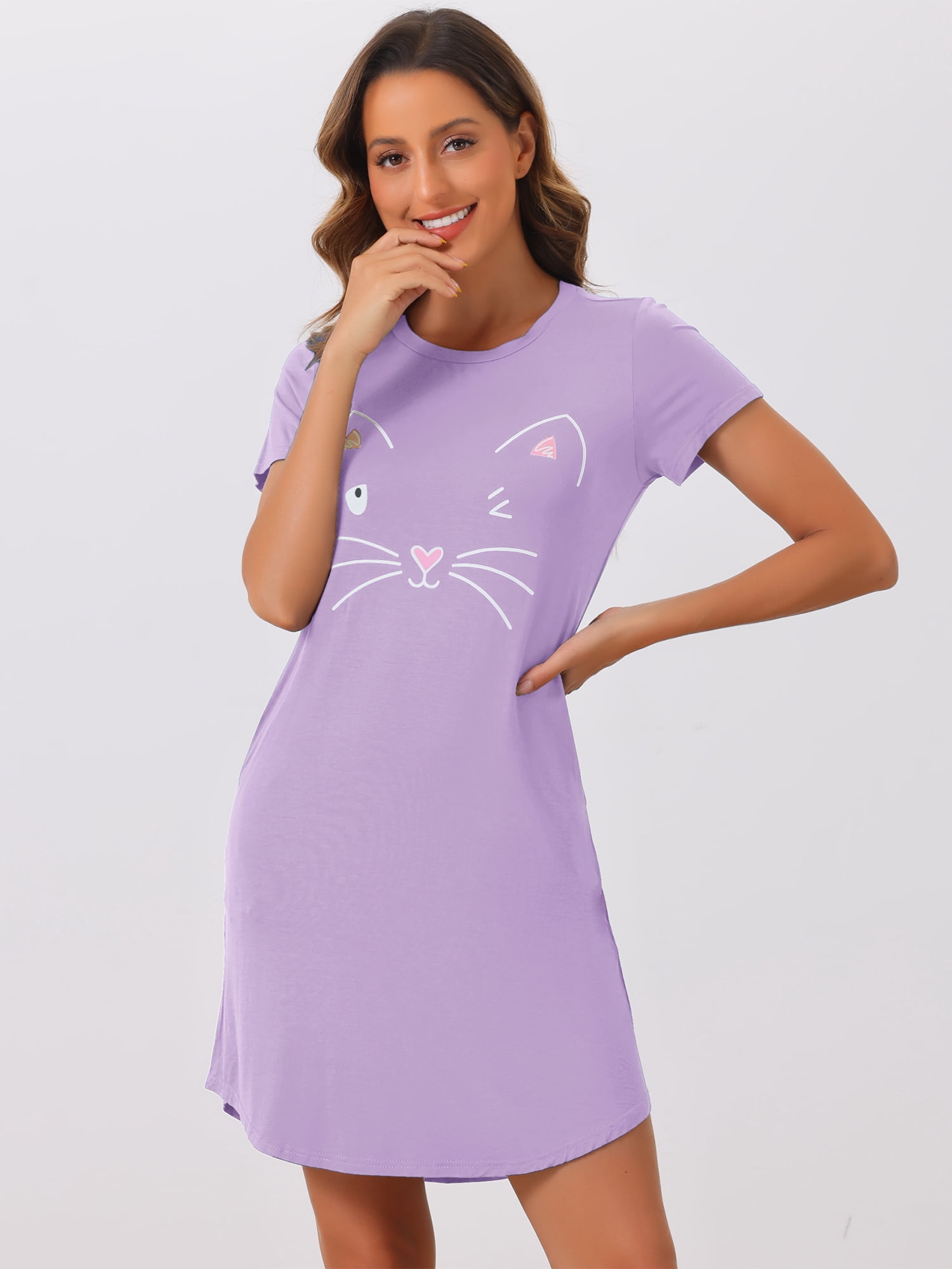 DARING DIVA Women's Cats Cute Printed Short Sleeve Nightgowns XS Light Purple
