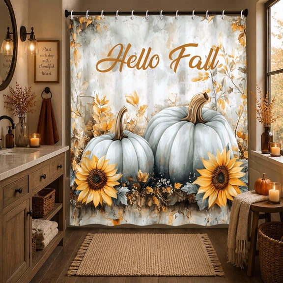 Hello Fall Gray Pumpkin Sunflower Shower Curtain Rustic Farmhouse Bath Curtain Autumn Thanksgiving Bathroom Decor 72 x 72 Inches