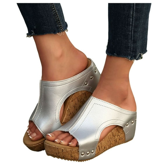 Sandals for Women 2025 Trendy Silver Leather Ladies Peep Toe Platform Wedge Slip on Dressy Slides