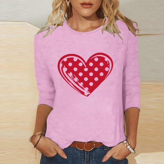 Avrnliq Womens Pink Valentine's Day Heart Print Top Romantic Cute Holiday Outfit for Date Night Party Galentine's Day,Size L