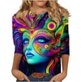 thumbnail image 2 of successthop Mardi Gras Womens Plus Size Tops 3/4 Sleeve Loose with Crew Neck Polyester Casual Mask Printed Mardi Gras Celebrations Blouse Tops for Mardi Gras Event Purple S, 2 of 5