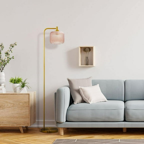 Elaine 62.75 in. Brushed Gold-Colored Floor Lamp with Pink Contoured Glass Shade