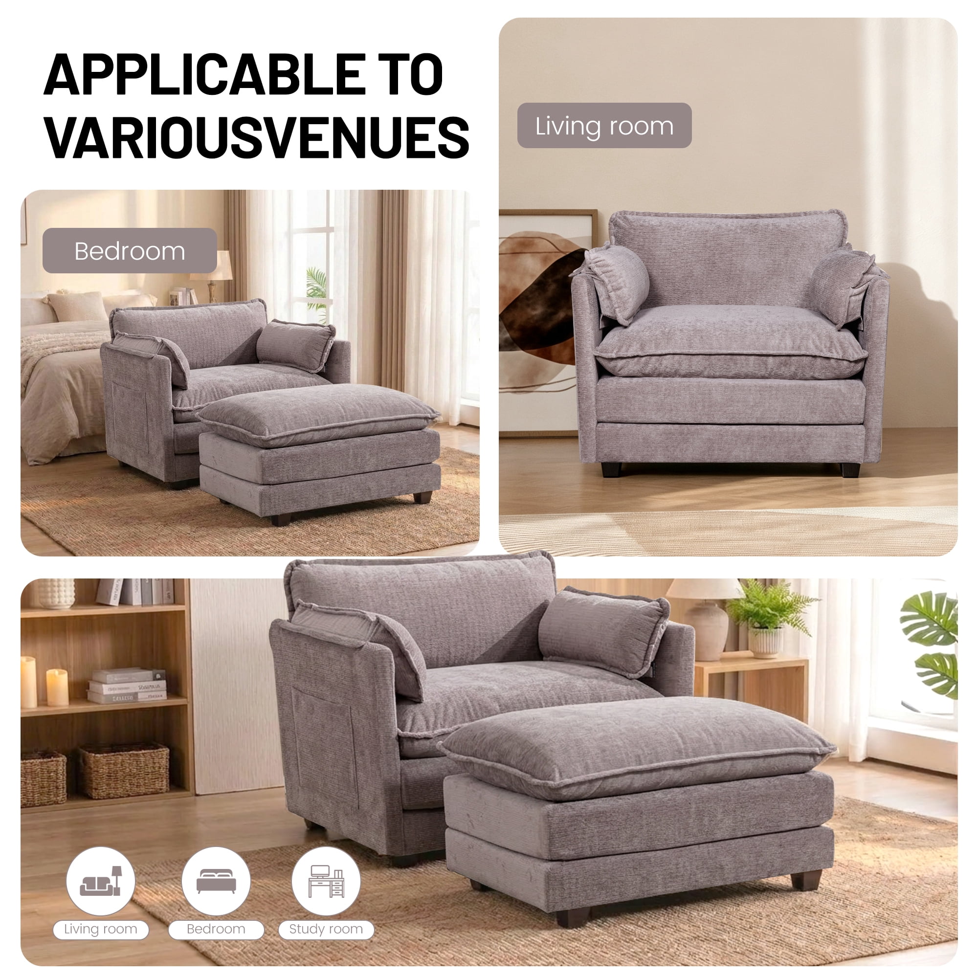 39.76" Oversize Accent Chair wirh Ottoman Armchair Set with Side Pocket
