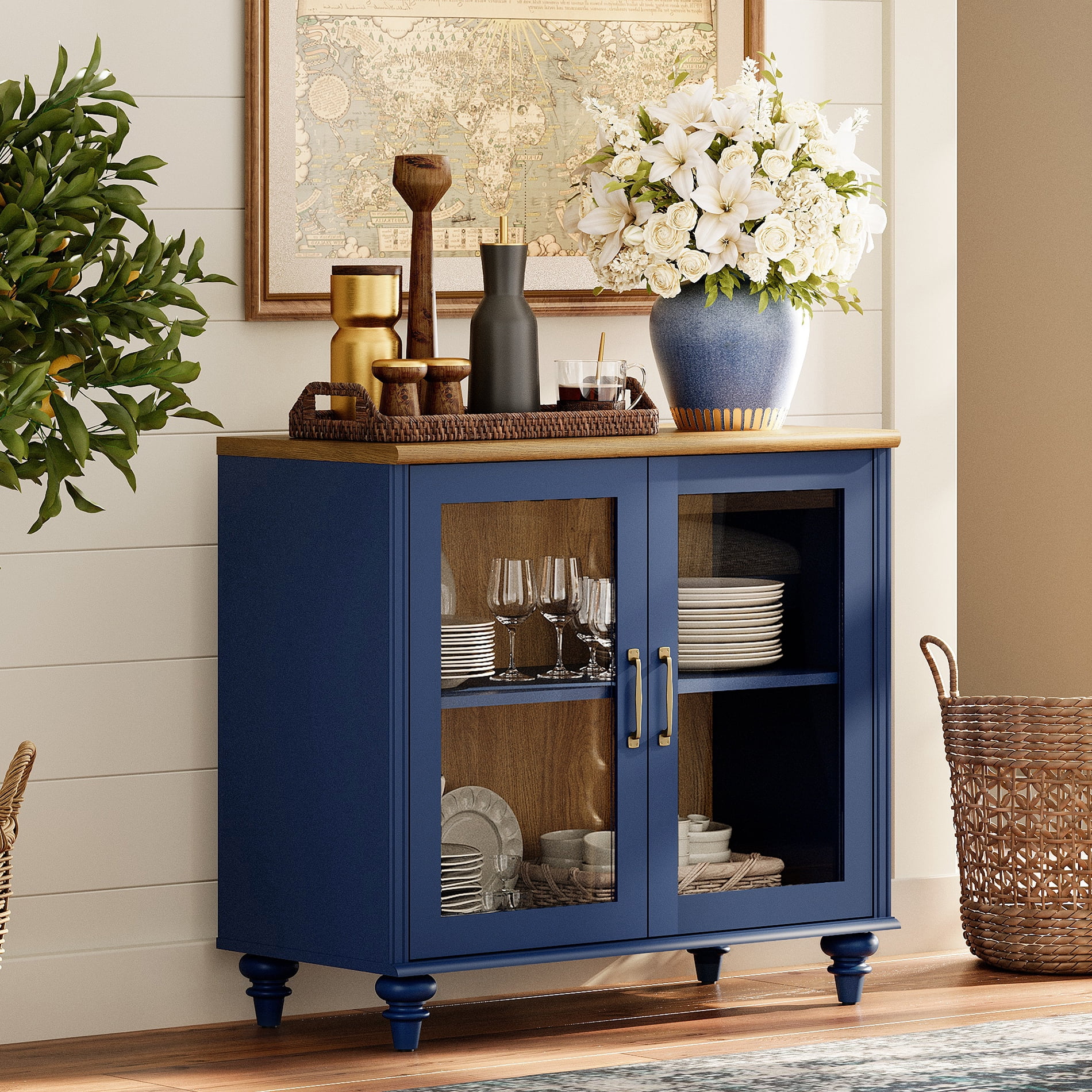 34" Buffet Cabinet with 2 Glass Doors, Kitchen Storage Cabinets, Wood Coffee Bar Table with Adjustable Shelf, Sideboard Credenza for Dining Room, Navy Blue