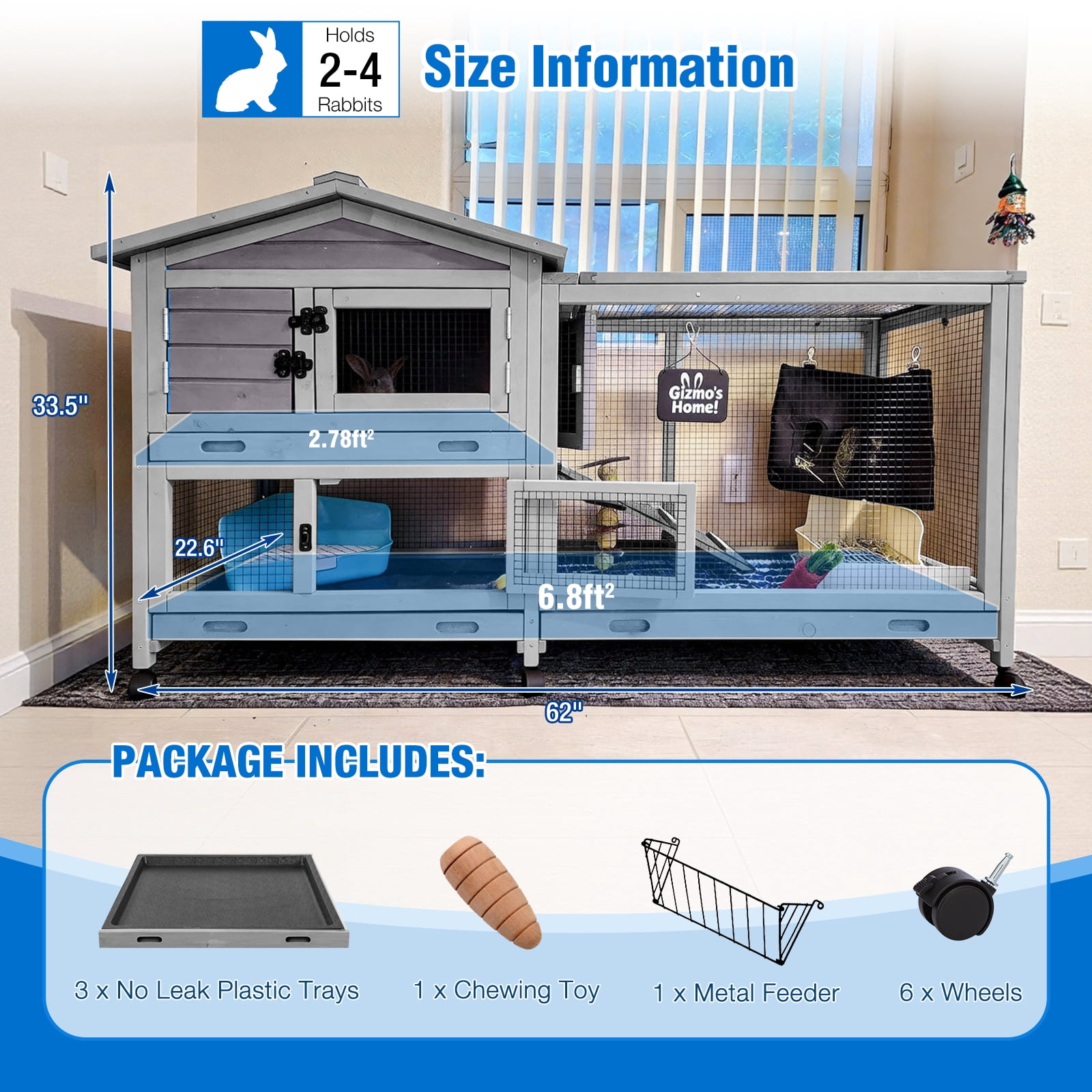 Suumerpety Rabbit Hutch on Wheels Indoor Rabbit Cage Outdoor Bunny Hutch with 3 Plastic Trays & Anti-Chew Ramp Metal Frame Guinea Pig Cage Gray
