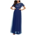 thumbnail image 2 of Summer Saving Dresses for Women 2024 Wedding Guest Party Elegant Mesh Patchwork Plus Size Empire Waist A Line Long Dresses Solid Short Sleeve Crewneck Maxi Formal Dresses for Women Navy l, 2 of 3