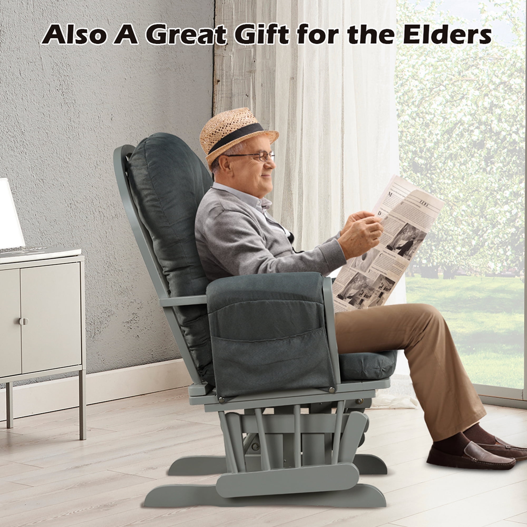Costway Glider and Ottoman Cushion Set Wood Baby Nursery Rocking Chair Dark Grey