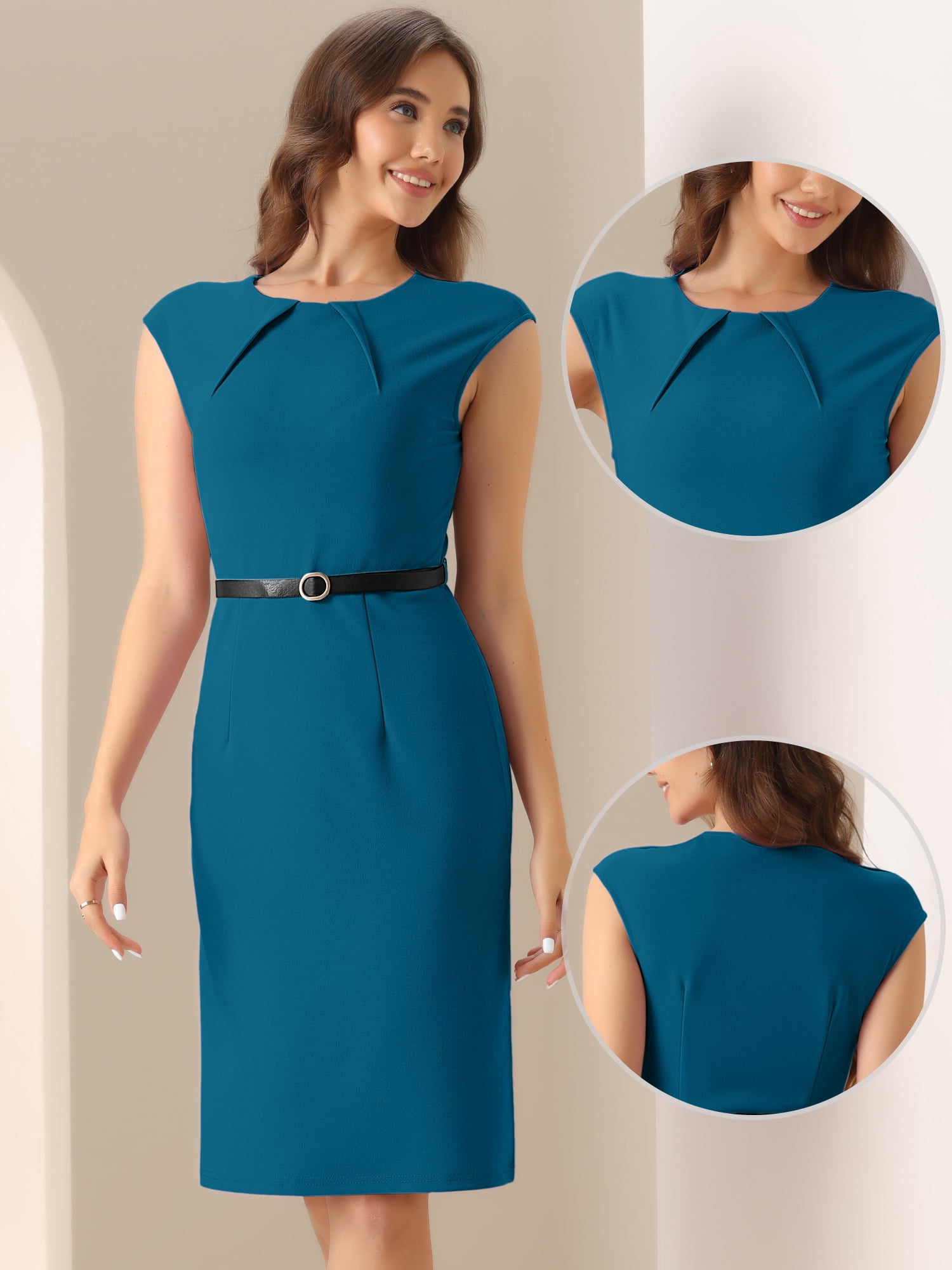 DARING DIVA Elegant Round Neck Cap Sleeve Belted Work Sheath Dresses XS Lake Blue