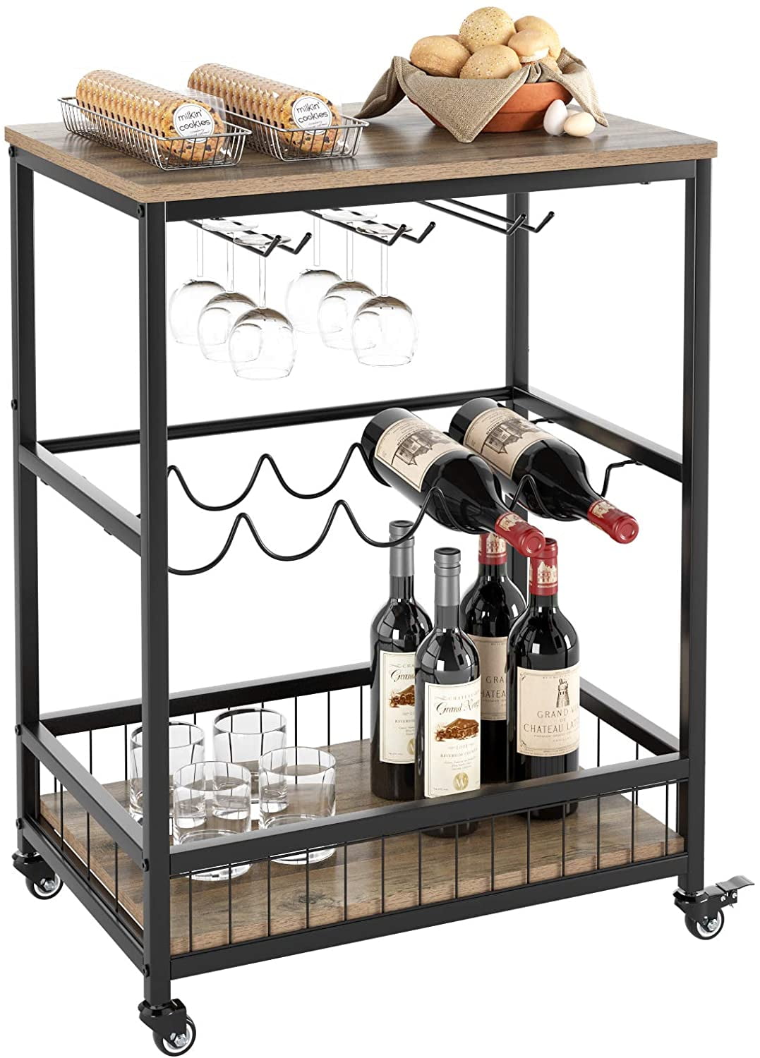 Wine Bar Cart, Serving Cart Modern Beverage Cart with Wine Rack Glass
