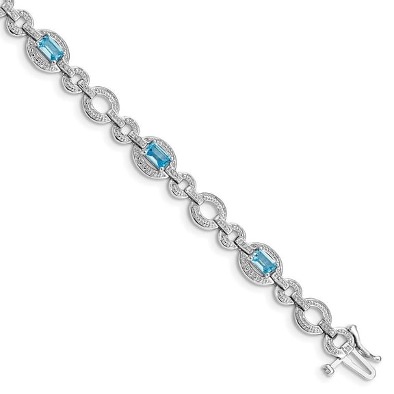 925 Sterling Silver Textured Polished Box Catch Closure Diamond and Lt Swiss Blue Topaz Oval Link Bracelet Measures 7mm